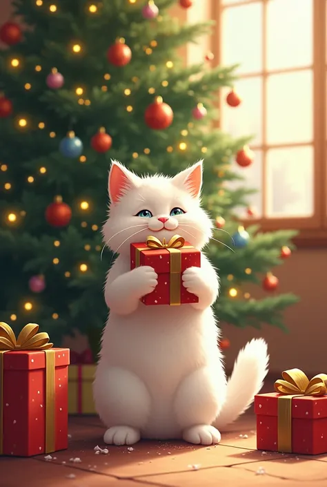  White cat giving gifts together, background is Christmas tree.