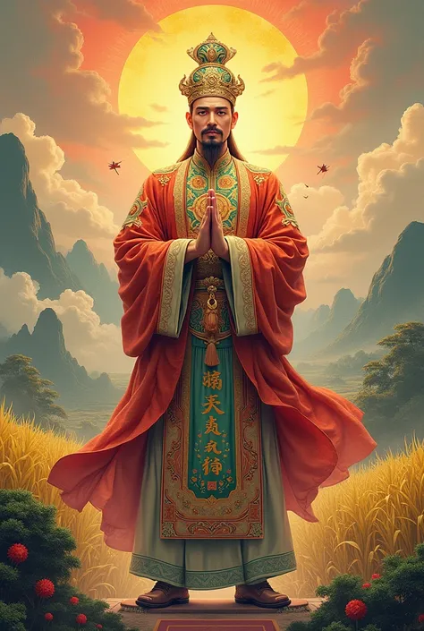  A majestic man in traditional Vietnamese dress , surrounded by symbols of peace and unity .  In the background there are stylized representations of rice fields and a rising sun.