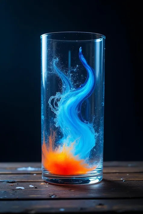 A photo of a clear, glass container with a gentle electric current running through it. The current is causing the colored liquid inside to flow, forming the letter "L". The liquid is a vibrant blue and orange. The background is a dark, wooden surface.