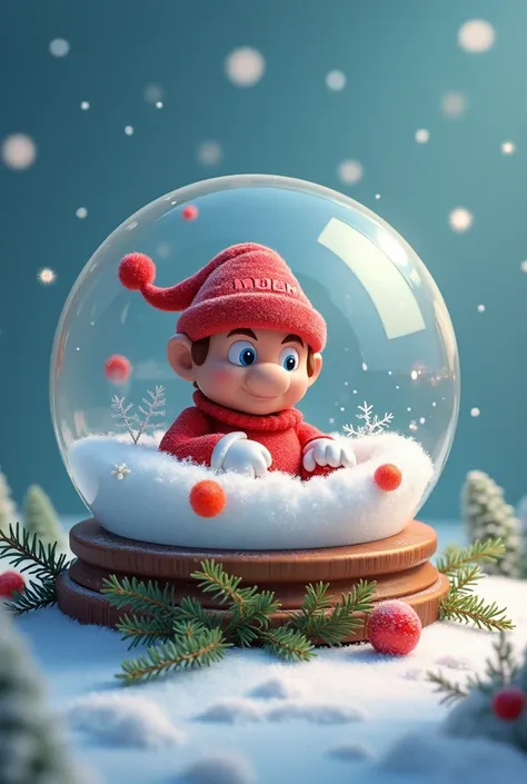 Image stic avec un bonnet de Noël dans une boule de Noël genre de verre soufflé avec des fleurs de Noël et quelques plumes rouge pastel. Écrit " NOLAN" . A lintérieur de la boule Mario est assis sur un nuage flufy blanc. Le fond sera bleu dégradé et entour...