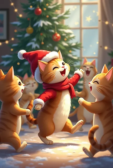  Cat wearing red cap with more cats and dancing in Christmas celebration.