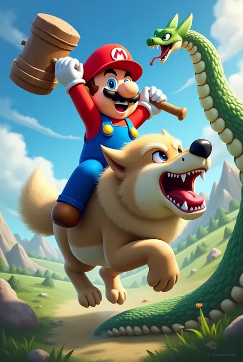 Mario riding a wolf , while hitting a snake with his hammer