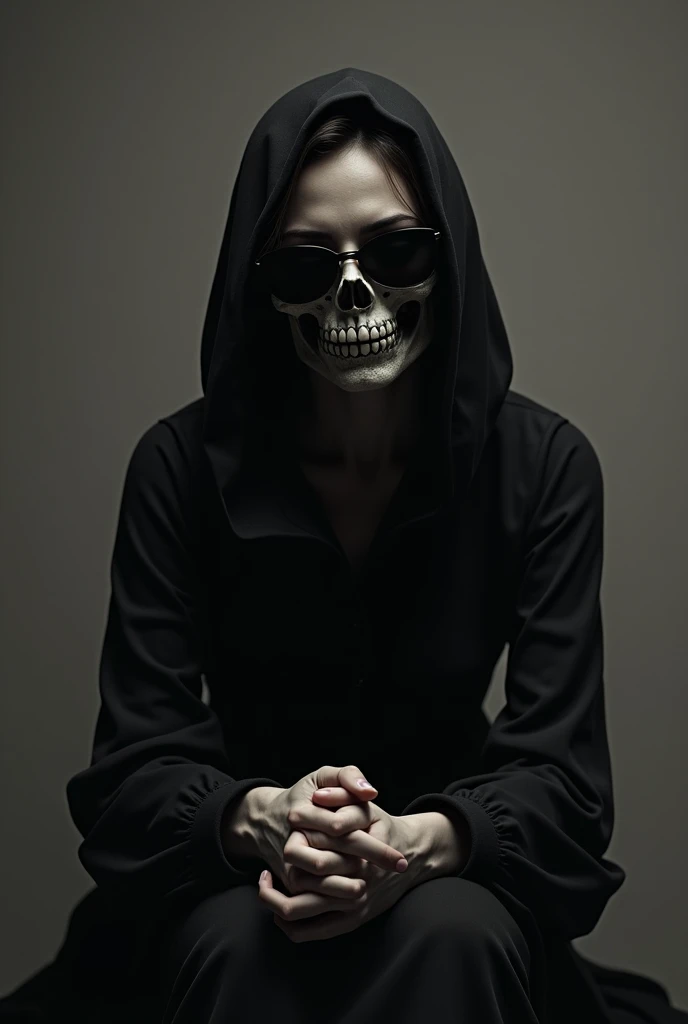  scene of a woman sitting with her hands together,  with cold black blouse , skull mask, Covering only her mouth ,  with a hood over her head , with sunglasses