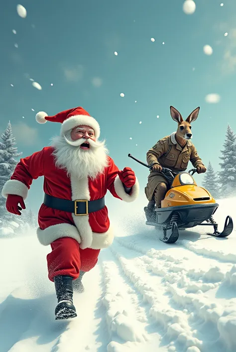  Man dressed as Santa Claus running scared and after him a kangaroo dressed as a soldier driving a snowmobile chasing him, Landscape snow .