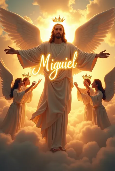 Write the name MIGUIEL in Christ the Redeemer with angels carrying a crown
