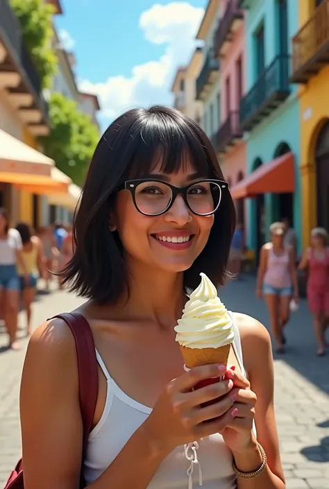  An image of a middle-aged lady of Brazilian origin, with dark hair, smooth, short and short ,  very light brown skin ,  wearing glasses ,  smiling in a public square and eating a lot of ice cream .