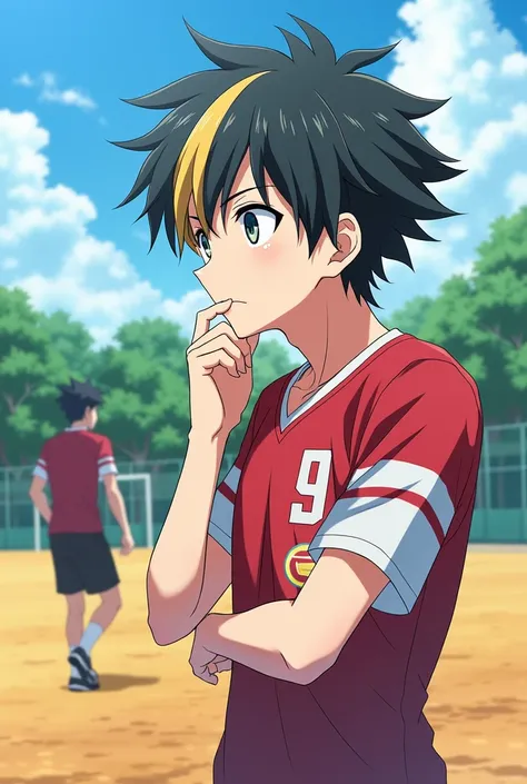 ((fully clothed))high res, masterpiece,Kenma Kozume, ((1boy,)) ((1man)), black_hair (blonde_hair) looking_to_the_side male_focus multicolored_hair,solo sportswear sweat sweatdrop twitter_username tying_hair upper_body volleyball_uniform  yellow_eyes, detai...