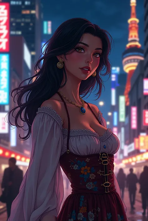 Anime style woman Boku no hero Academia,  brown skin and Latin features,  mature attractive folk clothing, In the background night and city style Tokyo 