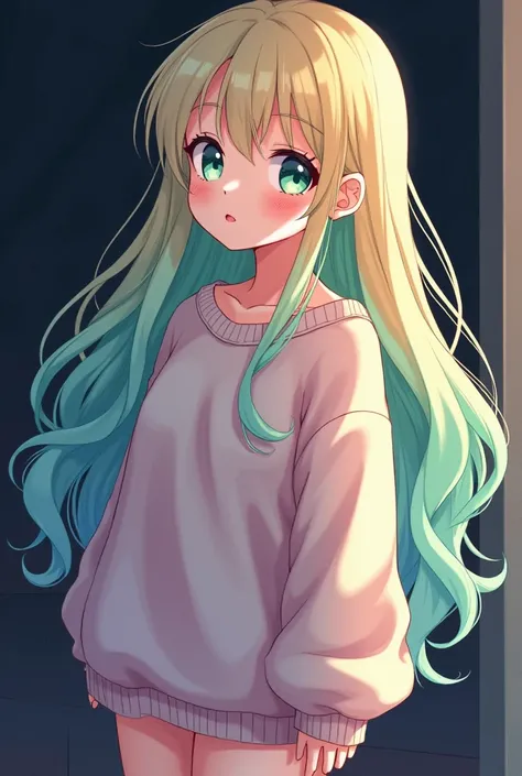 Girl with blond hair at the ends of her hair pastel green hair curvy and long moe style anime style girl in a dark chibi sweater