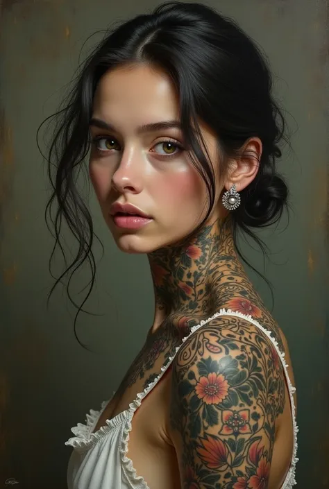 Painting of the girl with the pearl with tattoos 
