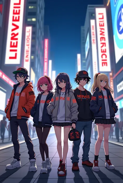 "A group of stylish anime characters, both boys and girls, posing confidently in a modern urban plaza under large banners and digital screens prominently displaying the name Merveil in bold, oversized characters. Each character is dressed in unique, fashio...