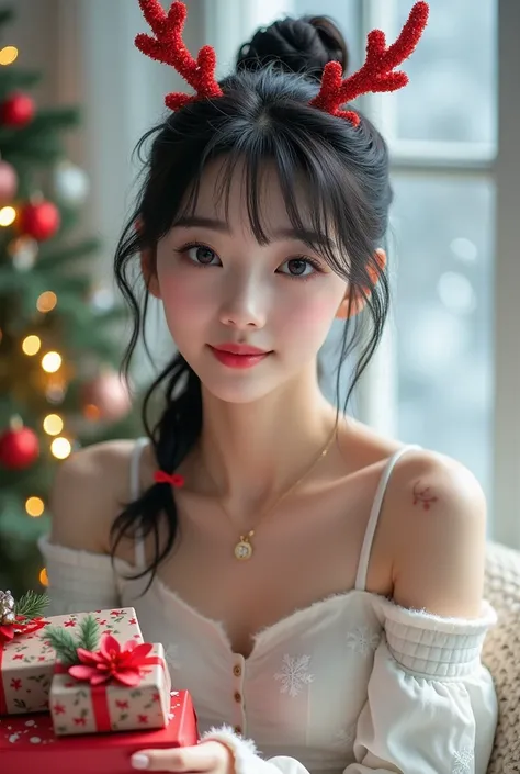 photorealism: 1.2), beautiful girl, Korean girl,face girl,,itting in the living room, snowy atmosphere, beautiful eyes, beautiful thick eyebrows, small sharp nose, sweet peach lips, wearing a simple white Christmas dress with a snow design, wearing Christm...