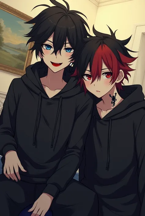 
Anime style. This photo was taken in an interior room. Two young people are sitting close together, probably in a sitting area. Both are wearing black hooded sweatshirts.

Person on the right: He has black, shaggy, and messy hair. His face has a red mouth...