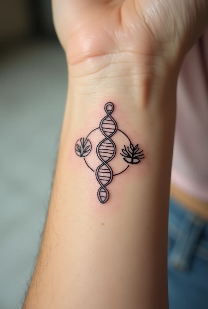 A small tattoo that symbolizes 3 areas of biology and cytology, genetics and ecology  
