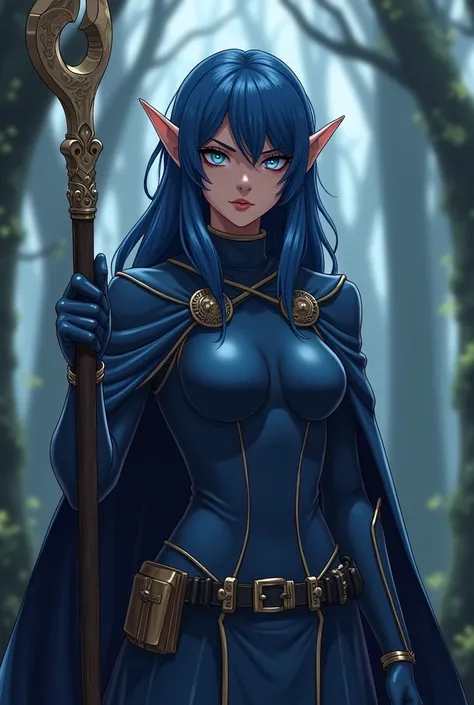 a dark elf , dark-skinned, with elven features . Woman in a blue suit of armor and cape, of the Imperial Navy,  with blue hair and blue eyes in a forest . Y con un Escudo of the Imperial Navy.  anime style,  threatening look, with a staff in hand.