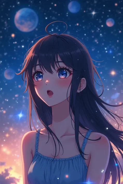 Adult anime girl surprised with something, Background with constellation  