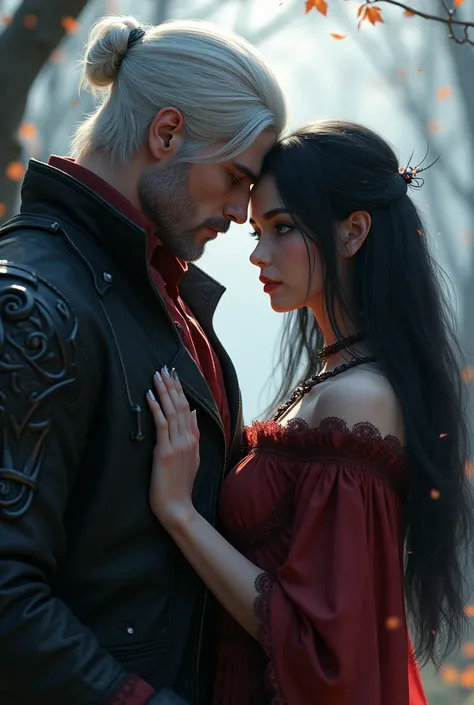 Two people man and woman VERGIL SPARDA together with a woman with long black hair and straight dark blue eyes with a delicate princess face outdoors
