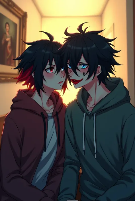 
Anime style. This photo was taken in an interior room. Two young people are sitting close together, probably in a sitting area. Both are wearing black hooded sweatshirts.

Person on the right: He has black, shaggy, and messy hair. His face has a red mouth...