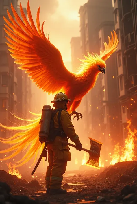 
"A breathtaking 4K ultra-detailed fantasy scene of a firefighter striding through a blazing city street alongside a massive, mythical phoenix. The firefighter’s suit is illuminated by the fiery glow of the flames, enhanced with magical fire-resistant sigi...