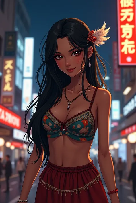 Anime style mature adult woman, brown skin and Latin features long loose black hair ,  attractive folk clothing colorful half skirt with a small arrangement of feathers in the hair, In the background night and city style Tokyo 