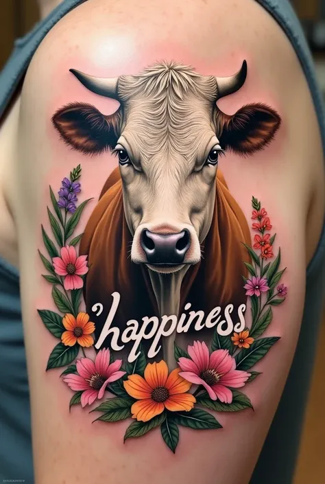 A tattoo of a cow surrounded by flowers with the word Hapiness
