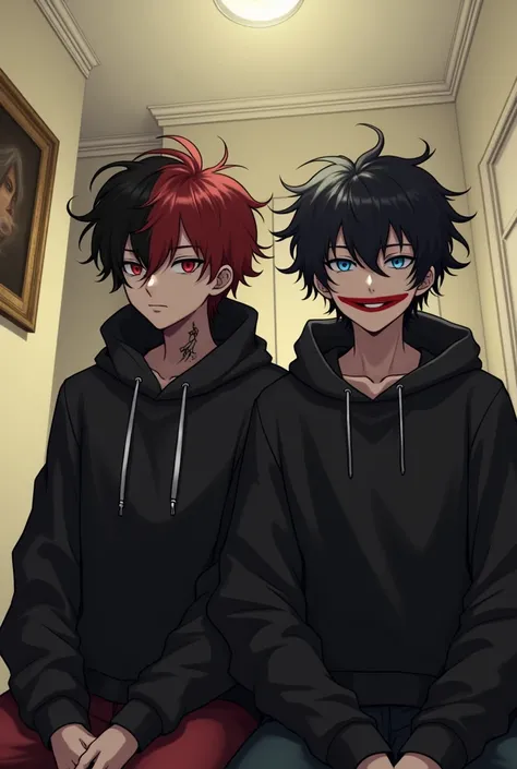 
Anime style. This photo was taken in an interior room. Two young people are sitting close together, probably in a sitting area. Both are wearing black hooded sweatshirts.

Person on the right: He has black, shaggy, and messy hair. His face has a red mouth...