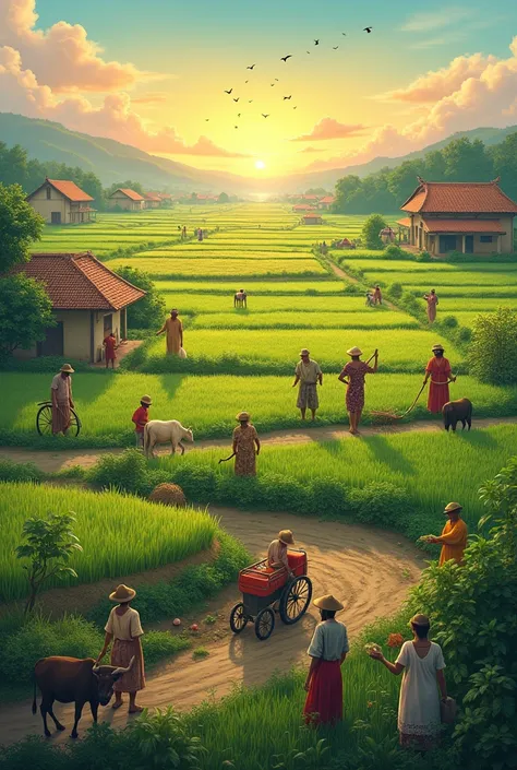 Villagers happily working together in a rural setting, with many people of all ages—men, women, and ren—actively participating in various farming tasks like plowing, planting, and harvesting crops. Some are working with cattle, while others are sowing seed...