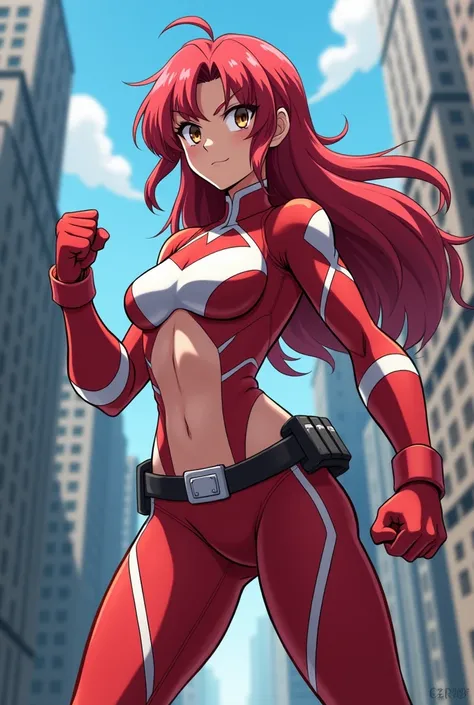 My Hero Academia Style , Anime girl, female, young female ,Full Body Shot,(fighting stance:1.3),Long hair, Red Hair,  Brown Eyes,Hero Suit, Full Body Suit, red suit with white details, perfect anatomy,  （Toughened Abs）,super detailed,(Buildings:1.2）