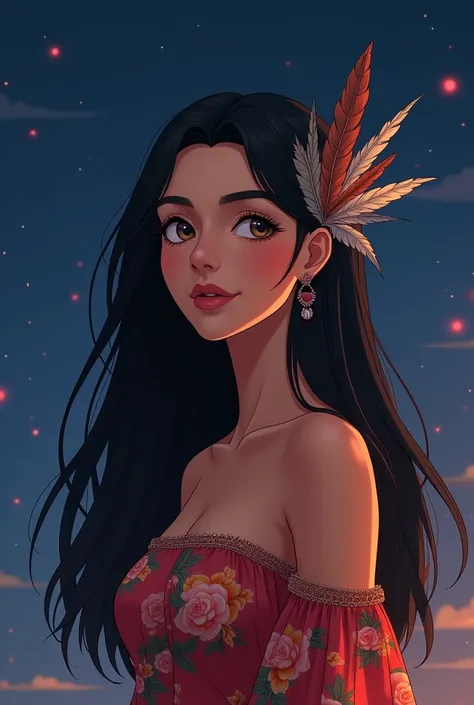 Anime style mature adult woman, brown skin and Latin features long loose black hair , attractive folk dress with a small arrangement of feathers in the hair, In the background night.