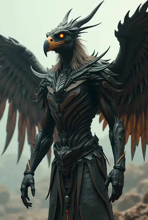  A humanoid with the appearance of a predatory bird ,  combining characteristics of the bearded vulture with a futuristic and visceral design. His wings are big,  with metallic feathers and sharp tips like blades .  The head has an elongated structure , si...