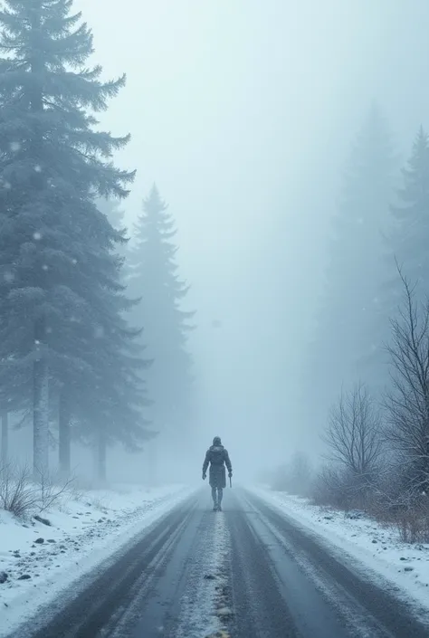 Snow storm on road