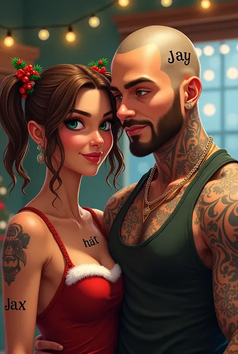 Un homme crane raser avec un tatouage écrit Jay en tenue de noel , Accompagner dune femme avec des couettes de chasue cote avec un tatouage écrit jax en tenue de noel 