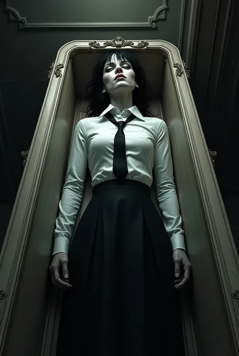 A dead woman with cross-eyed eyes dressed in a white shirt and black tie and skirt lies in a coffin.