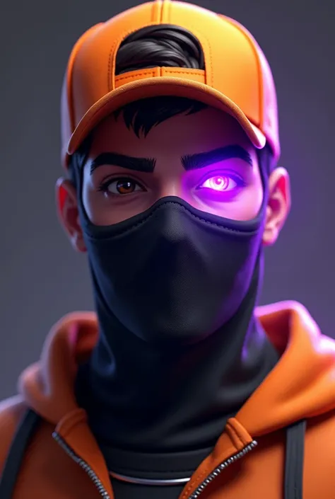 A male Free Fire character wearing an orange cap facing backwards with a purple light coming out of the eye with a black mask 