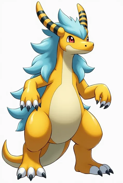 A standing Dragon in the style of Pokémon with yellow legs with blue fur; it is yellow, in addition to the horns that look like bands. It looks like Dragonite from Pokémon. He is the mega-evolution of Dragonite Fassa based on that. The horns are bands besi...