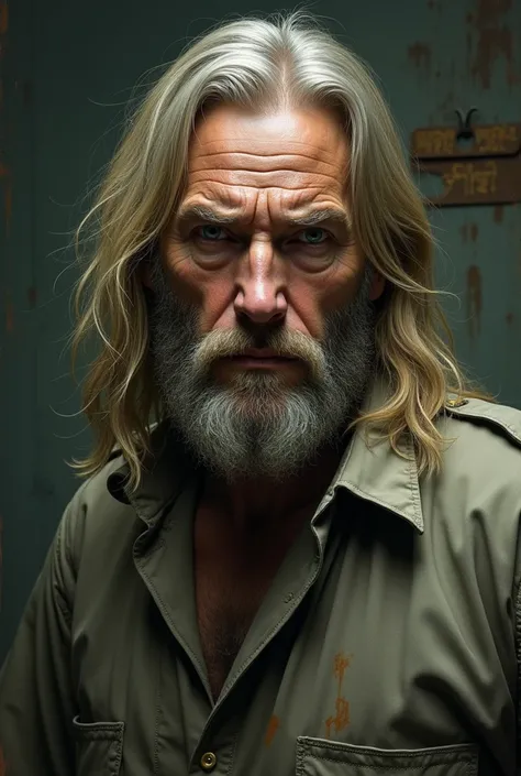 Old anime man with long blonde hair and blue eyes. tired look, But with a serious face, a poorly maintained beard, his face is very stately, he is a criminal who is wearing prison clothes