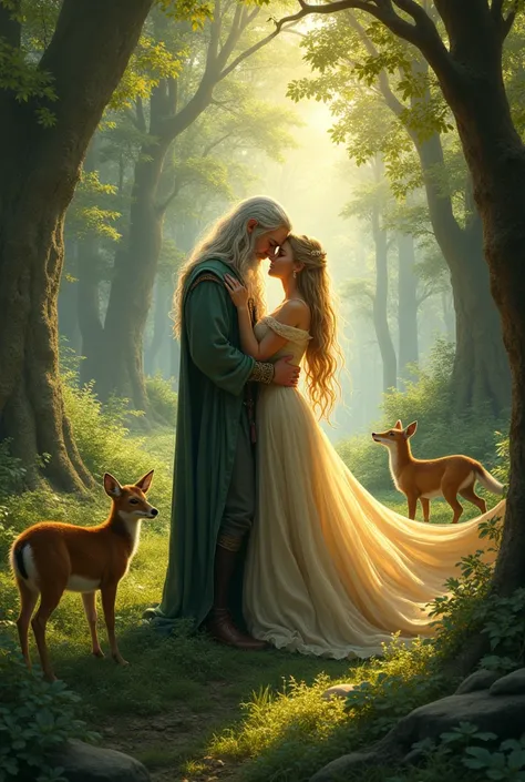 Sigrid Elanor and Thranduil in the forest kissing and close to the animals