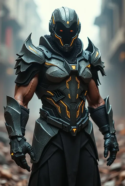 Create a realistic man fighter with 
unique armor and mask its look like moba games 