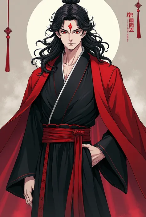 , small red pattern on his forehead , Long curly hair, black hair ,  red eyes, Please draw a picture of a cool looking male man in his 20s with pale skin wearing an oriental costume with a mixture of black and red colors in the Seon-hyup genre and smiling ...