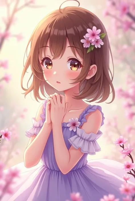 Brown-haired Anime Girl,  brown eyes, in a lilac dress.