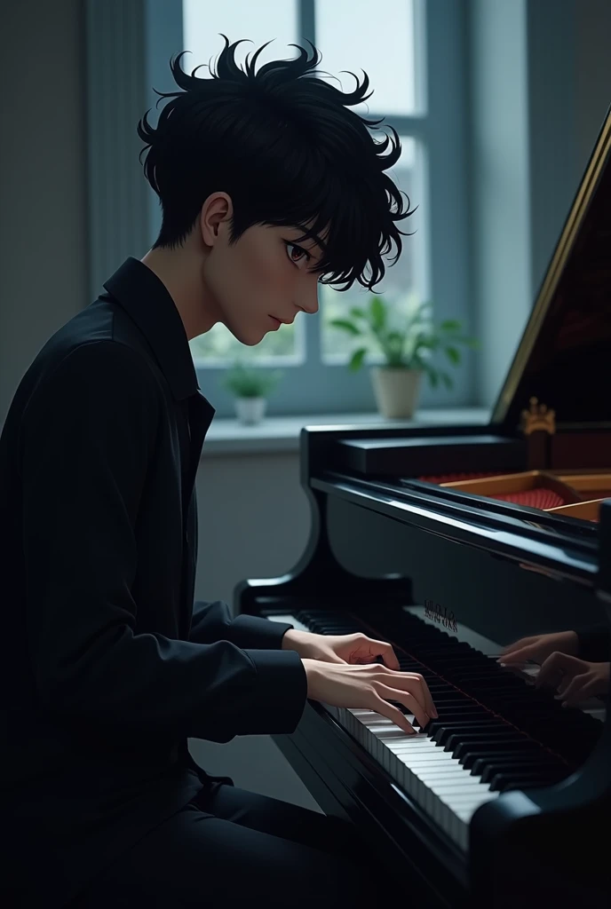 Play me a dark-haired male character with afro-black hair and low fade hair without being too big with brown eyes playing the piano.  