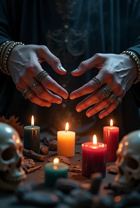  A spiritual master where only his hands can be seen ,  that you can see the material he is using as candles of all kinds, incense and skulls ,  that is super hyper mega-dark , That there are not many skulls ,  that there are candles of all colors and that...