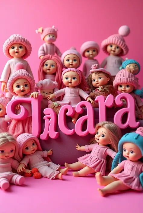 Create the name Jaciara in Portuguese with lots of dolls around in 3D and very bright pink colors