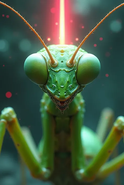 Frontal image of praying mantis head, with saint aura with watermelon texture, cosmic style, cyberpunk image