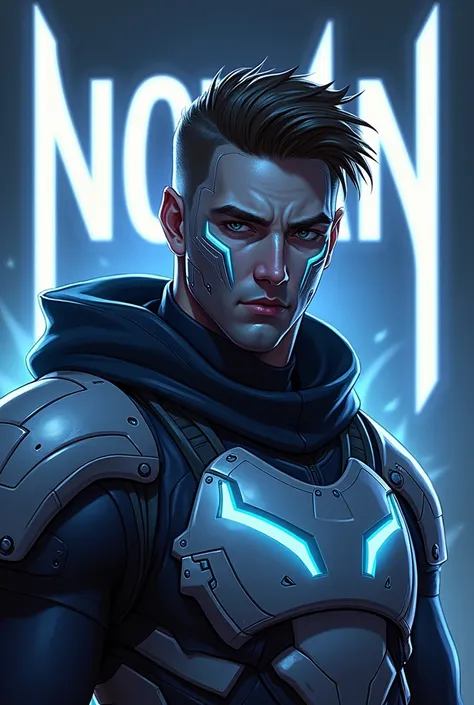 Create a realistic icon pfp the man fighter with LED
unique armor and mask its look like moba games the background is LED "Nowan" font 