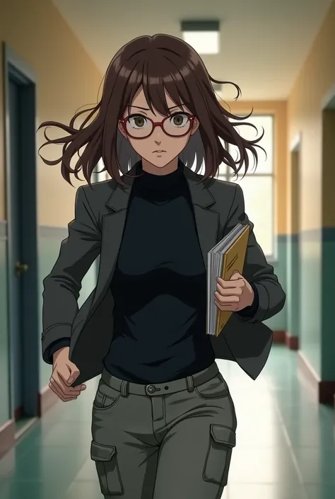  Shoulder-length brown hair with long fringe , Women, glasses,  wouldnt be a smiley ,light skin,  running down the corridors of the UA ,  dressed in a long sleeve black shirt ,  gray cargo pants ,  a dark gray suit jacket and a notebook in my hand, con gla...