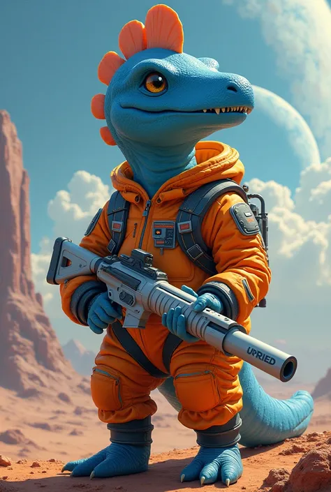 A blue parasaurolophus .  Hes dressed in an orange spacesuit.  Hes carrying a laser gun .