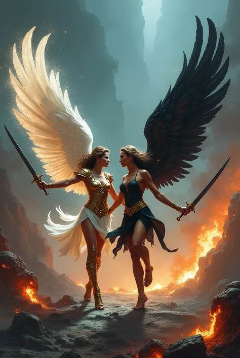 The final bloody battle takes place between the winged women with white wings versus the winged women with black wings, a battle with swords, shields and knives
(((Winged women with white wings: Beautiful young woman with white wings in tight golden warrio...