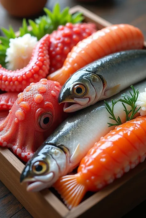  depiction of various seafood in the box、Octopus、 Nishin 、鰈、 delicious arrangement 、 fresh fish box 