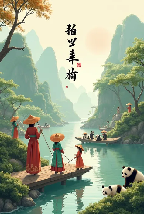  A beautiful landscape with Chinese ren in hats playing, parts, panda bears and some Chinese letters and fishing nets , Add Chinese letters, Add background people 
